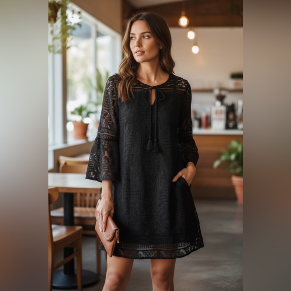 Kaari Blue Dresses & Skirts - NWT Kaari Blue Tie Neck Burnout Dress in Black